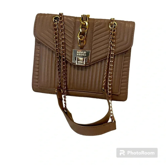 Badgley Mischka Quilted Crossbody Shoulder Gold Chain Buckle Taupe Bag - Picture 1 of 16